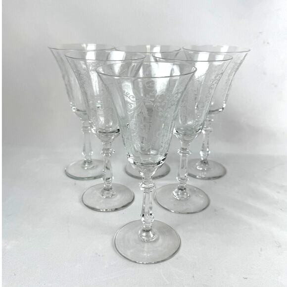 Vintage Etched Crystal Flower Wine Glasses Water Goblets Set Of 6 - Picture 1 of 5